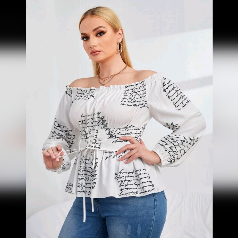 *NEW* Plus Slogan Graphic Off Shoulder Frill Trim Grommet Lace Up Peplum Blouse